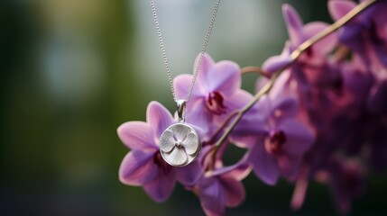 Fototapeta na wymiar Woman wearing a delicate silver locket pendant with a soft purple orchid, captured in a serene natural setting to evoke tranquility
