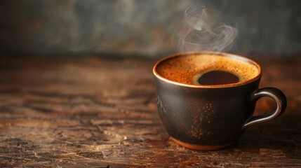 A steaming cup of freshly brewed coffee on a rustic wooden table, with aromatic steam rising invitingly from the dark brew.