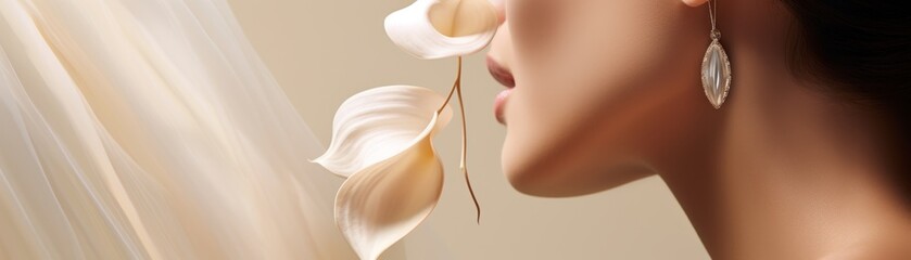 Womans profile showcasing sophisticated pearl earrings with creamy white anthurium flowers, against a light, neutral background - obrazy, fototapety, plakaty