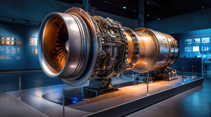 Fototapeta premium Cross-section of a jet engine profile, educative exhibition. Generative AI.