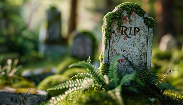 Old tombstone with R.I.P. inscription engraved. Mossy grave on ancient cemetery area. Rest in peace