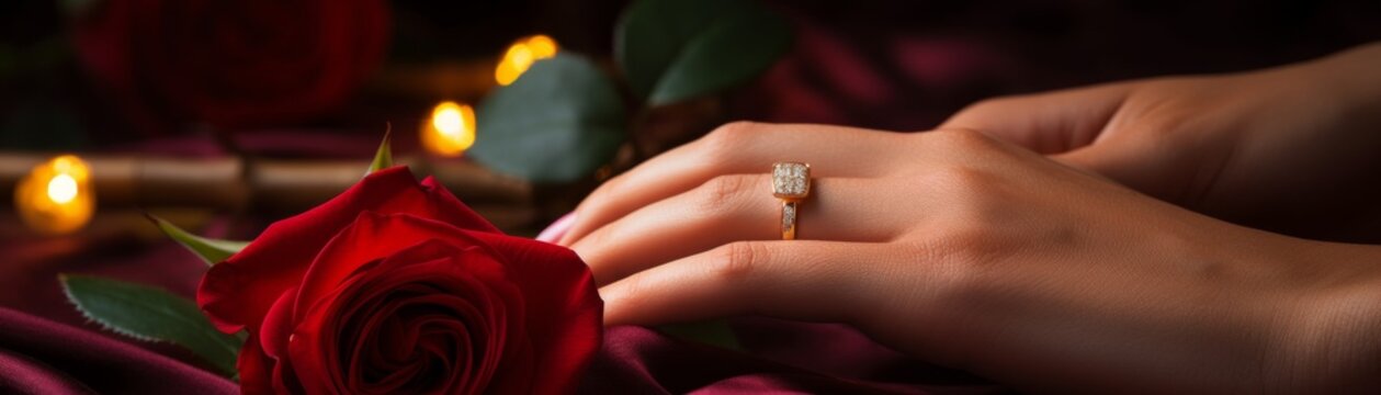 Womans hand gracefully displaying a gold ring with a deep red rose, set against an intimate, candlelit setting for a romantic vibe