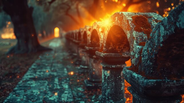 ancient classic architecture stone arches with flamesillustration image