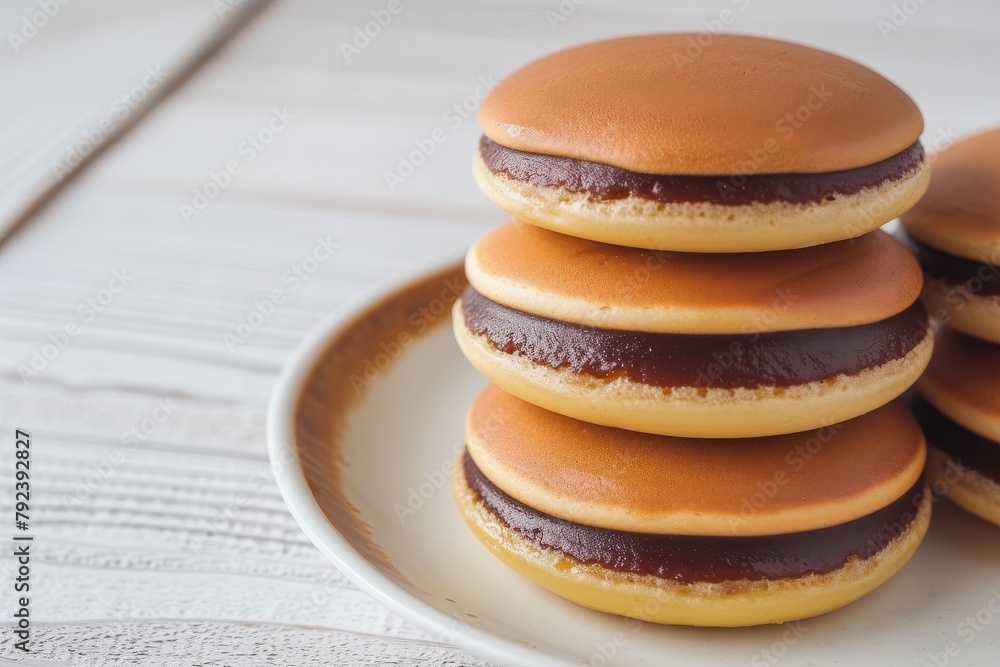 Sticker japanese snack bread with red bean paste on a wooden background