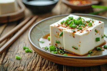 Japanese silk tofu with chili chive ginger and soy sauce on plate with chopsticks - obrazy, fototapety, plakaty