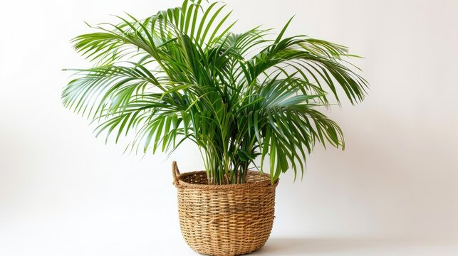 kentia or howea home plant palm howea forsteriana tree in seagrass wicker basket isolated on white background pandemic hobbies and urban gardening,art illustration