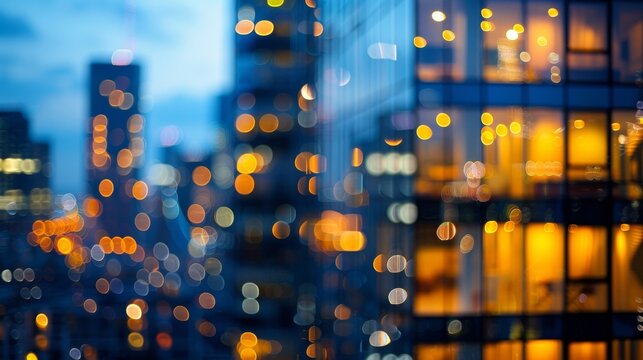 Softly blurred city lights in the backdrop of a sleek modern inium building highlighting the chic and upscale nature of Elite real estates real estate offerings. .