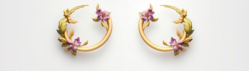 Trendy gold hoop earrings with vibrant orchid flowers, styled on a minimalistic white surface, ideal for modern jewelry advertising