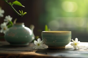Jasmine tea cup and pot in close up