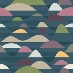 Seamless natural night pattern. Dark landscape with hills among the water. Hilly, flooded area. Flood in an uninhabited valley with mountains. Multicolored vector islands