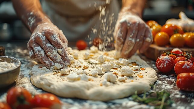 pizza process dough preparation close up shots of the hands kneading and stretching pizza dough on a floured surface emphasizing the tactile and hands on nature of the processillustration image