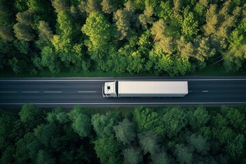 Large freight transporter semi truck driving on highway road moving through green forest with cargo semi trailer - obrazy, fototapety, plakaty