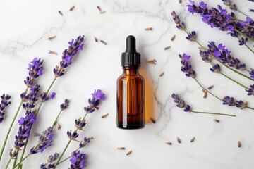 Lavender essential oil in an amber bottle with lavender flower on light background