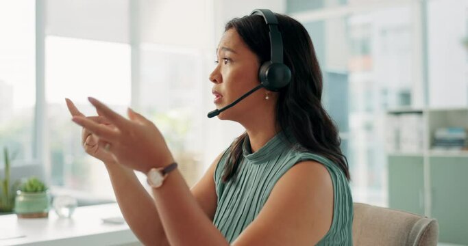 Call center, woman and customer service advice with web consultant and explain in office. Employee, telemarketing and crm with professional and tech consulting agency with headset and communication