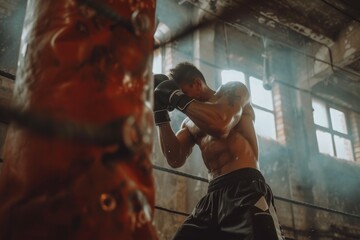 Man boxing with punching bag - Powered by Adobe
