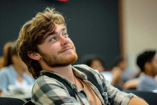Male student smiling during a lecture in a university classroom