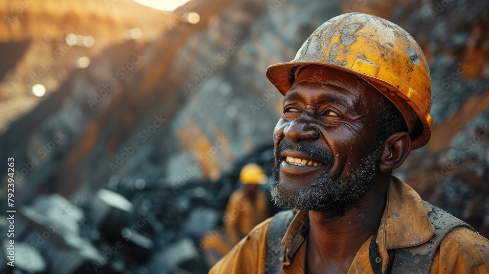 Poster Smiling black South African miner looking downwards standing in an open platinum mine. Generative AI.