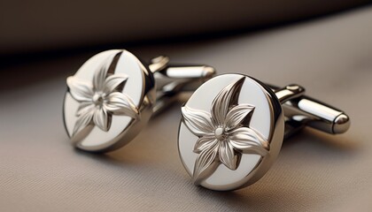 Sleek silver cuff links featuring elegant lily details, presented on a muted gray linen surface for a tasteful and refined presentation