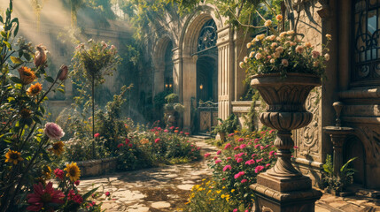 Garden with flowers and plants on a sunny day, vintage style