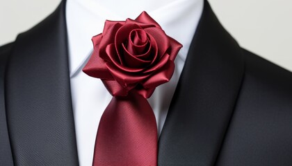 Romantic deep red rose accent on a sophisticated necktie pin, displayed against a soft silk tie for a luxurious fashion statement