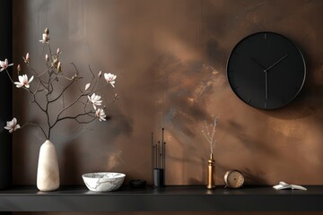 Minimalistic living room interior with black rack brown wall clock vase with magnolia marble bowl...