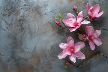 Minimalistic still life featuring beautiful pink magnolia flowers on a stone textured background...