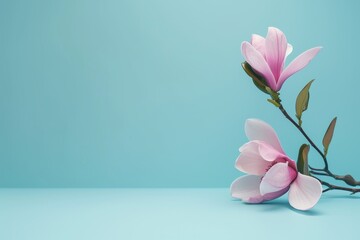 Minimalistic still life or internet banner featuring beautiful pink magnolia flowers on a soft blue...