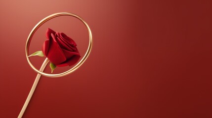 Passionate deep red rose adorning a gold ring, showcased on a luxurious velvet red background for a dramatic and romantic look
