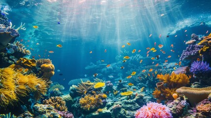 A vibrant coral reef teeming with marine life beneath the surface of the Pacific Ocean, showcasing underwater biodiversity.