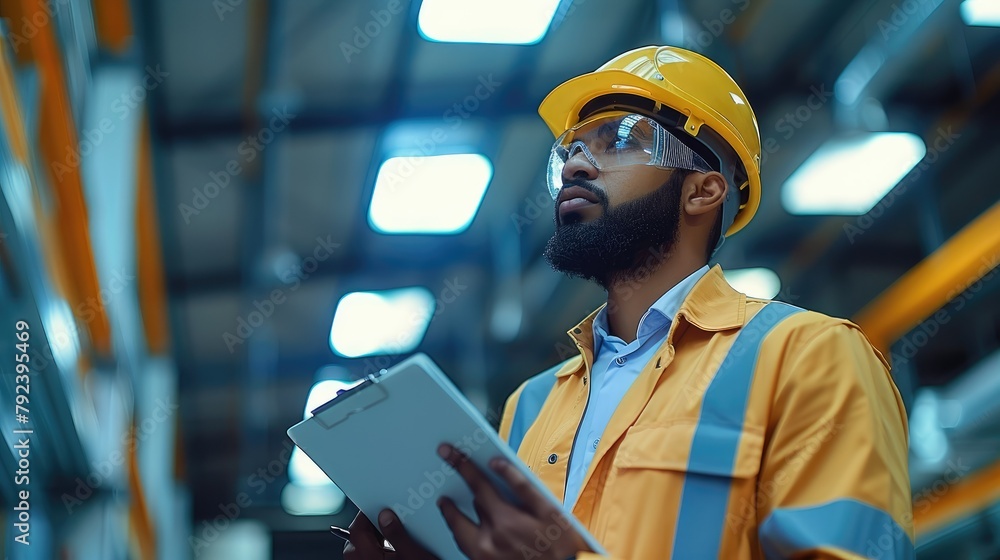 Poster young energetic professional factory worker inspecting factory light panels on the roof with a clip 