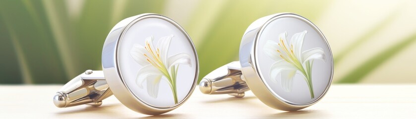 Luxurious presentation of silver cuff links with delicate soft white lily accents, arranged on a polished wooden table for a classic feel