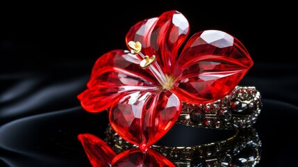 Luxurious presentation of an exotic gemstone ring with a bold red anthurium flower, arranged on a reflective black surface for contrast