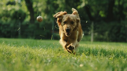 A dog runs along the green grass after a ball