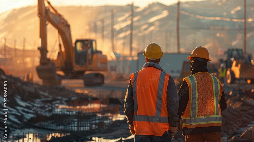 Aufkleber two construction workers looking at machines at a construction site. generative ai.