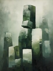 Oil painting, broad brush strokes, illustration, poster design, forest green and beige and grey, strange stones, abstract graphic, rock, stone, fog, minimalistic, on old stained paper