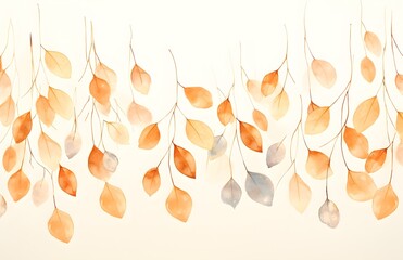 Leaves falling on a watercolor background, in the style of light orange and light beige, botanical watercolor illustration of eucalyptus