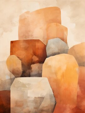 Naklejki Oil painting, broad brush strokes, illustration, poster design, terracotta, beige, and gold color, strange stones, abstract graphic, rock, stone, fog, minimalistic, old stained paper