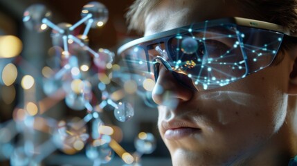 Closeup of a student using AR glasses to visualize molecules and atoms in 3D space. They rotate and interact with the structures gaining a deeper understanding of chemistry concepts . - obrazy, fototapety, plakaty