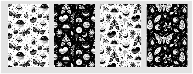 Seamless neo folk pattern with butterfly, moth and flowers, black and white floral design. Set Neo folk style endless backgrounds perfect for textile design.