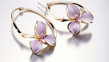 Glamorous gold hoop earrings with delicate soft purple orchid accents, styled on a reflective surface for an elegant advertisement