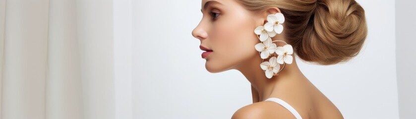 Fashionable woman in a white blouse showcasing large gold hoop earrings with orchid embellishments, isolated on white