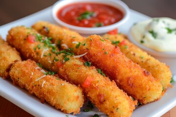 Mozzarella cheese sticks with tomato sauce coating