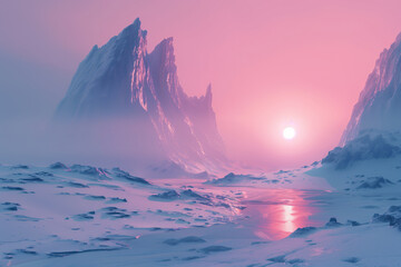 Snowy landscape with icebergs and sunrise sci-fi futuristic illustration wallpaper background - obrazy, fototapety, plakaty