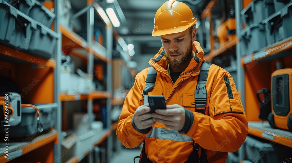 Leinwandbilder service engineer with toolbox using his phone. generative ai.