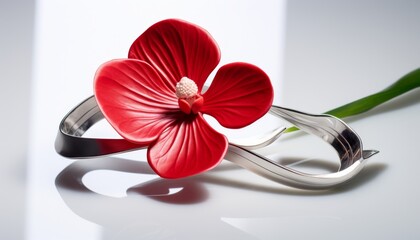 Eyecatching silver barrette with a bold anthurium flower in vibrant red, laid out on a reflective surface to capture attention - obrazy, fototapety, plakaty