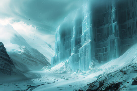 Snowy landscape with tall cliff sci-fi futuristic illustration wallpaper background