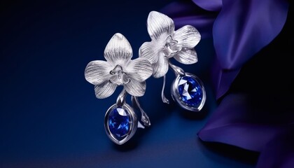Elegant silver earrings with sparkling stones and delicate orchid flowers, showcased on a deep blue velvet backdrop for luxury appeal