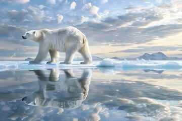 One family of polar bears escapes the melting snow. An attempt to preserve the Arctic, the problem of global warming, and endangered species: the awful circumstance of a polar bear stuck on melting ic