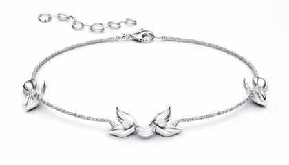 Elegant shiny silver anklet with playful tulip motifs, isolated on white with space for promotional text or advertising use