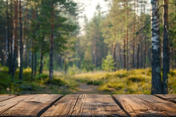 Beautiful blurred boreal forest background view with empty rustic wooden table for mockup product display. Picnic table with customizable space on table-top for editing. Flawless - generative ai